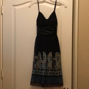Black dress with blue/sea foam green/ivory design